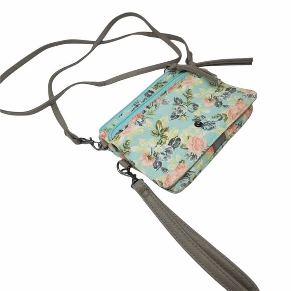 Mint Pink Floral Canvas Like Crossbody/Wristlet Bag. - Picture 1 of 14